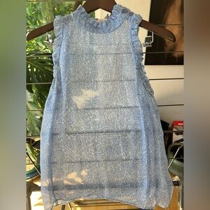 Blue and Cream Sleeveless Ruffle Mockneck Sheer Silk Top